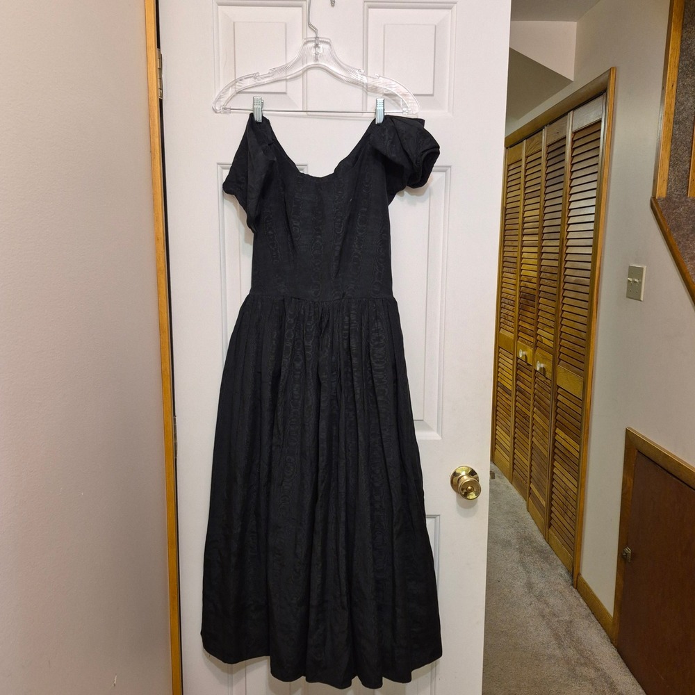 Vintage 50s Black Moire Off Shoulder Full Skirt Prom Dress Metal Zipper Small